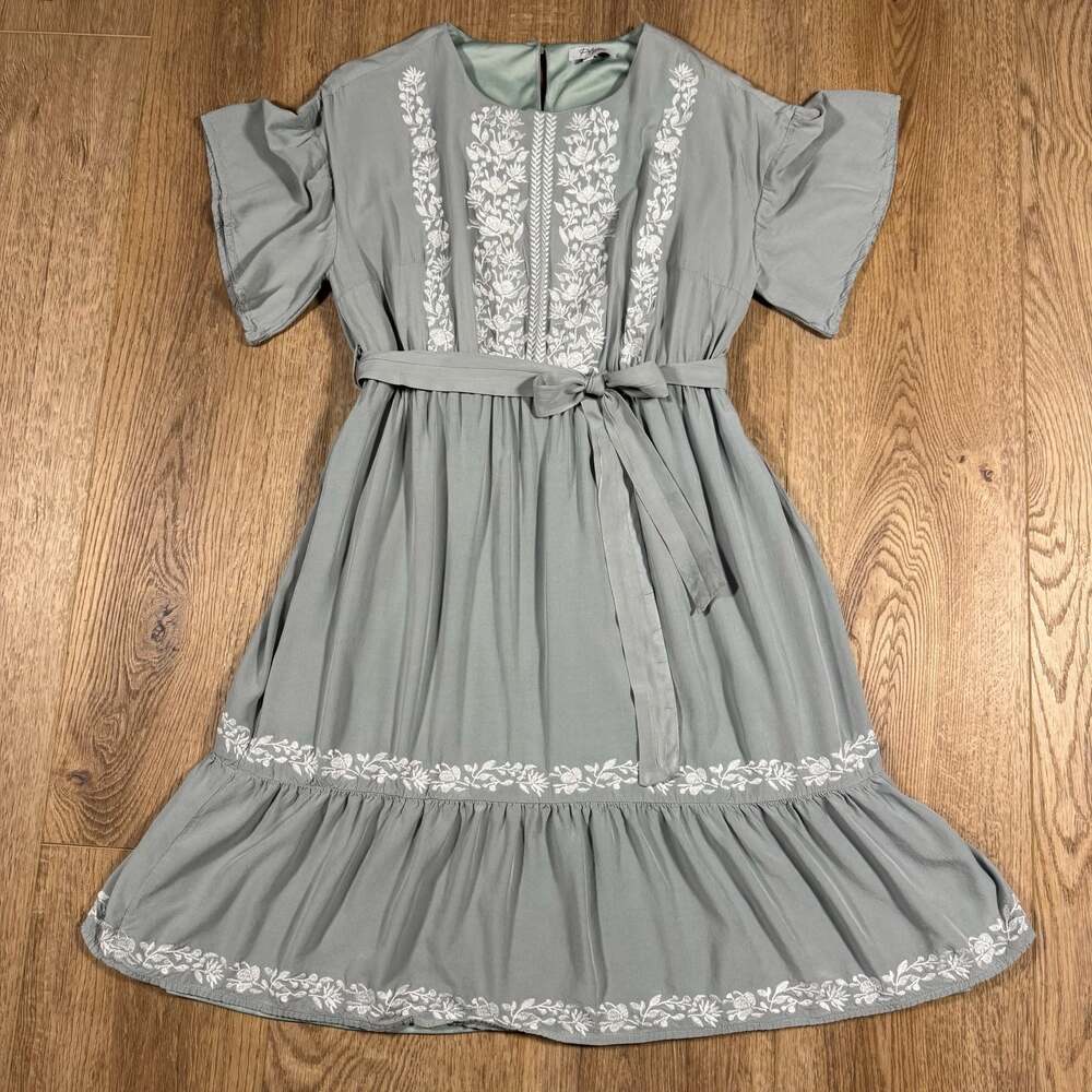 Polagram Sage Green Embroidered Floral Ruffle Sleeve Midi Dress Size L - Picture 2 of 11